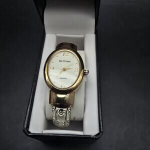 Bay Studio Cream Enamel Rhinestone Cuff Bracelet Quartz WORKS In Box